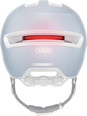 abus hud-y aqua blue. Lyseblå cykelhjelm med LED. Hvid skum.