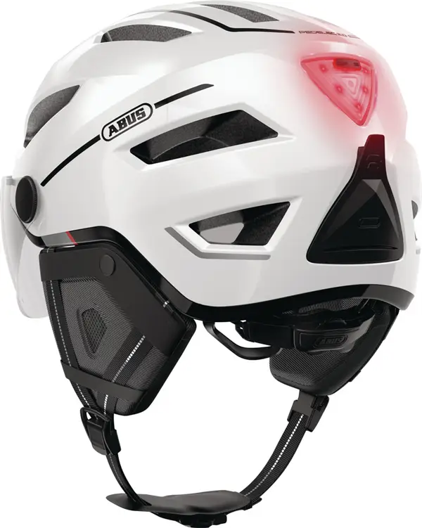 Abus Pedelec 2.0 ACE Pearl White - El Cykelhjelm perle hvid med klart front visir og ørevarmere og regnovertræk samt led lygte