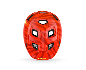 Met Hooray Mips Red Zebra Glossy Grønt spænde rød zebra stribet cykelhjelm til børn med mips og grønt spænde